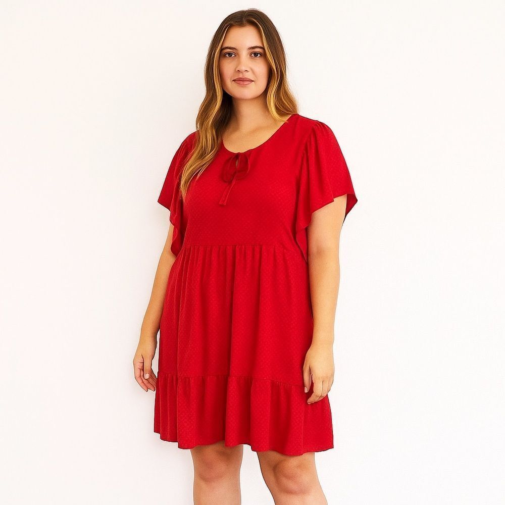 Knox Rose Red Flowy Tiered Textured Mini Dress, XL‎